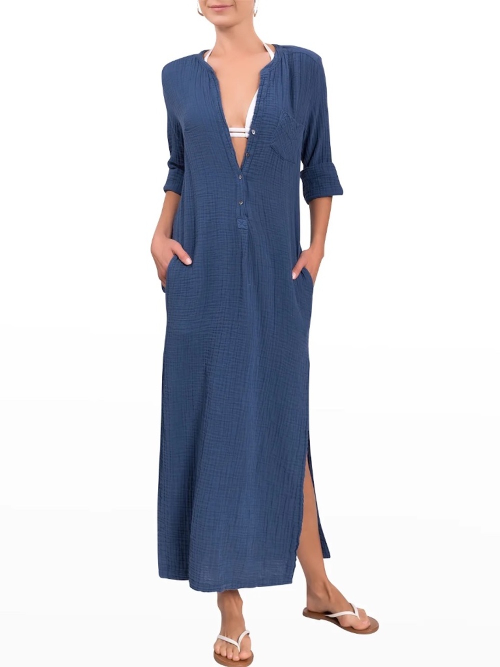 Everyday Ritual NWT Tracey Caften Denim Blue Cotton Bubble Gauze Sz S Resort